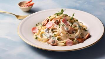 ai gegenereerd fettuccine noedels met ham en champignons in licht grijs saus Aan tafel foto