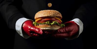 ai gegenereerd een persoon is Holding een hamburger in zwart handschoenen foto