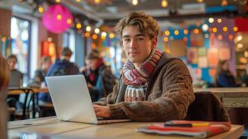 ai gegenereerd een levendig foto van een jong ondernemer werken Aan een laptop in een kleurrijk coworking ruimte