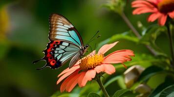 ai gegenereerd blauw bruin vlinder Aan bloem tegen schoonheid vleugel achtergrond foto