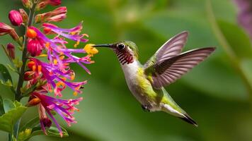 ai gegenereerd bevallig kolibrie geniet nectar van een vlinder struik foto