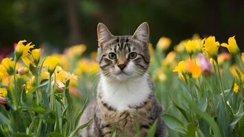 ai gegenereerd kat temidden van groep van bloemen met bokeh achtergrond foto