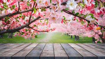 ai gegenereerd visie hout tafel top vervagen sakura bloem tuin achtergrond natuur foto