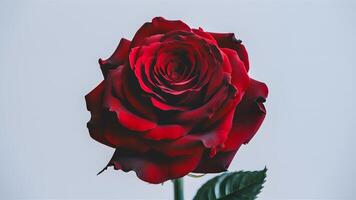 ai gegenereerd ten volle bloeide Open rood roos met zuiver wit achtergrond foto