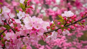 ai gegenereerd delicaat roze bloesems creëren een artistiek voorjaar grens achtergrond foto