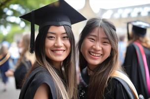 ai gegenereerd Universiteit vrienden in diploma uitreiking kleding foto