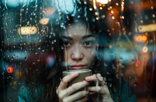 ai gegenereerd vrouw genieten van koffie in regen foto