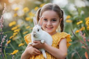 ai gegenereerd meisje Holding een konijn foto