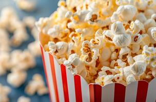 ai gegenereerd gestreept doos overlopend met popcorn foto