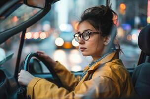 ai gegenereerd vrouw het rijden taxi Bij nacht foto