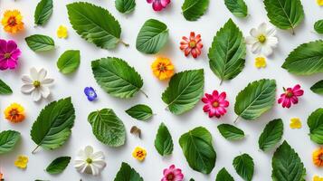 ai gegenereerd kleurrijk bloemen en groen bladeren Aan een wit achtergrond foto