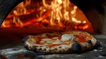ai gegenereerd ambachtelijk pizza met smelten kaas in een houtgestookt oven foto