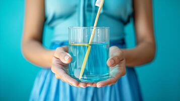 ai gegenereerd vrouw Holding glas met tandenborstel foto