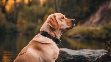 ai gegenereerd vredig hond genieten van sereen natuur door de oever van het meer foto