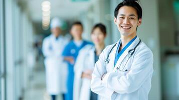 ai gegenereerd zelfverzekerd Japans dokter met team in ziekenhuis gang foto