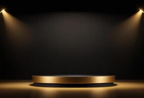 ai gegenereerd Scherm tafereel goud podium met meetkundig vormen, helling luxe platform samenstelling voor achtergrond Product presentatie foto