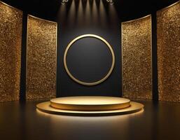 ai gegenereerd leeg goud podium met goud ring Aan achtergrond. 3d veroorzaken. donker abstract luxe achtergrond foto