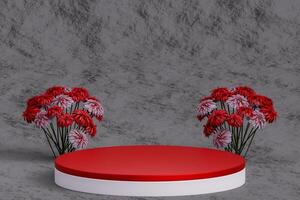 rood cirkel podium en bloem boeket. podium voor Product Scherm foto