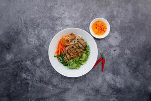 gebakken rollen noodle met bbq varkensvlees, vis saus en salade geserveerd in kom geïsoleerd Aan donker grijs achtergrond top visie van Japans voedsel foto