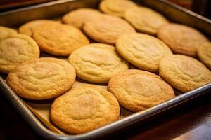 ai gegenereerd een dienblad van vers gebakken snickerdoodle koekjes. generatief ai foto