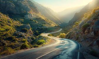 ai gegenereerd berg weg met talrijk curves foto