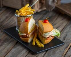 kip hamburger met Patat geïsoleerd Aan snijdend bord kant visie van Fast food Aan houten achtergrond foto