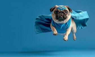 ai gegenereerd superheld mopshond in blauw vliegend foto