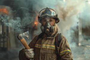 ai gegenereerd vrouw brandweerman, bijl in hand, met rook gevuld kamer foto