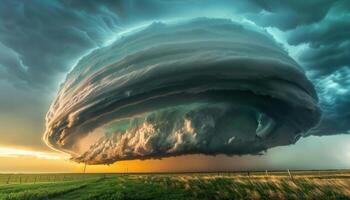 ai gegenereerd majestueus supercel storm vorming Bij zonsondergang foto