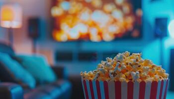 ai gegenereerd knus huis film nacht met popcorn foto