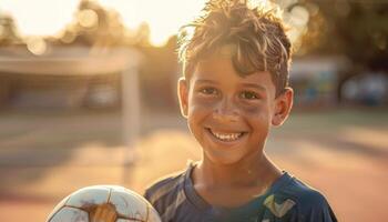 ai gegenereerd glimlachen jongen Holding voetbal bal Bij zonsondergang foto