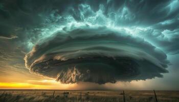 ai gegenereerd majestueus supercel storm Bij zonsondergang foto