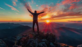 ai gegenereerd triomf Bij zonsopkomst Aan berg top foto