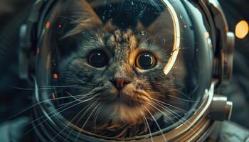 ai gegenereerd kosmisch katachtig kat astronaut in ruimte helm foto