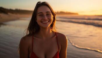 ai gegenereerd vrouw in een rood bikini glimlacht Bij de camera foto