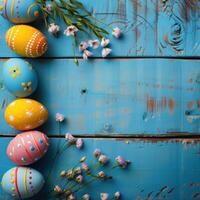 ai gegenereerd kleurrijk Pasen eieren Aan blauw houten achtergrond foto