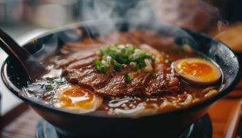 ai gegenereerd heerlijk traditioneel ramen kom met ei en rundvlees foto