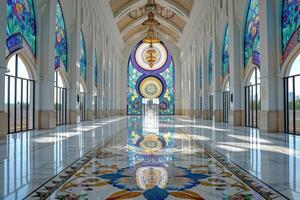 een modern moskee interieur dat viert artistiek uitdrukking en creatief innovatie foto