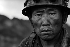 ai gegenereerd uitgeput Aziatisch mijnwerker arbeider vuil gezicht. genereren ai foto