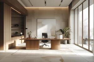 ai gegenereerd een strak en geavanceerde minimalistische kantoor ruimte foto