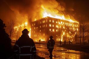 ai gegenereerd gebouw gevangen in vlammen foto