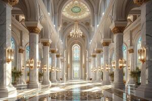 een vorstelijk gebed hal binnen een luxueus moskee foto