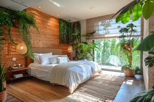 ai gegenereerd een milieuvriendelijk hotel slaapkamer met duurzame materialen foto