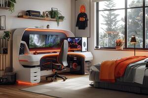 ai gegenereerd een gamers slaapkamer met een multifunctioneel gaming bureau foto