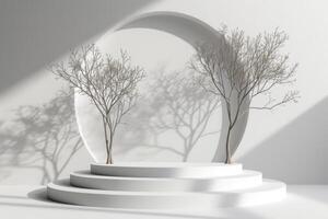 ai gegenereerd een minimalistische podium met strak, slank bomen staand tegen een schoon foto