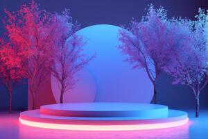 ai gegenereerd een minimalistische podium versierd met neon bomen foto