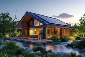 ai gegenereerd een netto-nul energie huis buitenkant dat harnassen hernieuwbaar energie bronnen foto