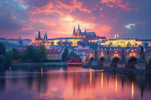 ai gegenereerd stad horizon van Praag, waar de torenspitsen van Praag kasteel en de Charles brug foto