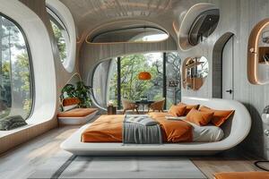 ai gegenereerd een futuristische slaapkamer met 3D-geprint meubels en decor foto