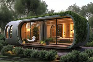 ai gegenereerd een modulair eco huis gebouwd van duurzame en geprefabriceerd materialen foto